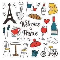 France symbols collection, icons of Eifel tower, cheese, croissant, traveling in Paris, tourism illustrations, famous French places, set of wine, baguette and flag doodles vector