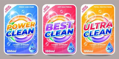 Laundry detergent stickers. Washing powder and soap labels, liquid cleaner and stain remover, washing and cleaning products. set vector