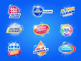 Laundry detergent label. Washing powder emblem package with bubbles, soap and stain remover, laundry care product with antibacterial formula. set vector