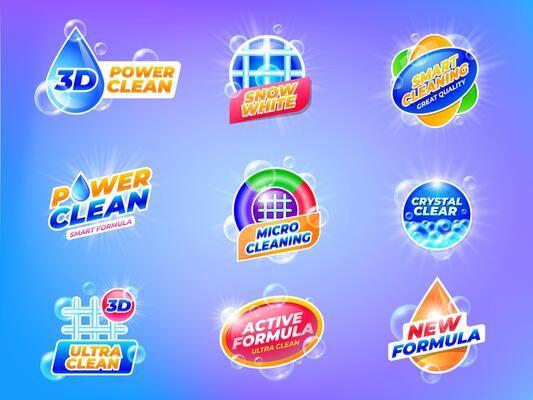 Laundry disinfectant emblems. Washing gel and powder detergent for clothes label template, cleaning and hygiene products, laundry soap with bubbles. set