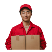 uma homem dentro uma vermelho uniforme é segurando dois cartão caixas, ele é sorridente e ele é feliz png