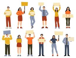 People holding banners. Cartoon characters with blank poster and signboard, flat mockup template with empty space for text or design. illustration vector