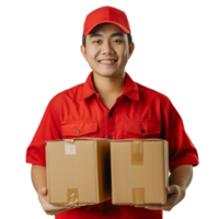 A man in a red uniform is holding two cardboard boxes, He is smiling and he is happy png