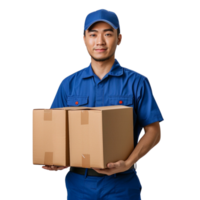 A man in a blue uniform is holding two cardboard boxes, He is smiling and he is happy png