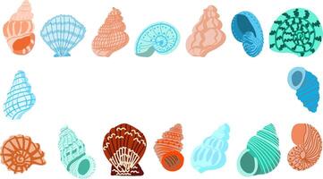 horizontal marco con dibujado a mano conchas marinas en un plano dibujos animados estilo vector
