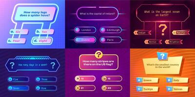 Quiz game ui. Game show template with question and answer, challenge exam with multiple choice, game show concept. infographic vector