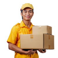 A man in a yellow uniform is holding two cardboard boxes, He is smiling and he is happy png