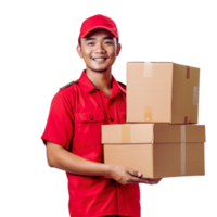 A man in a red uniform is holding two cardboard boxes, He is smiling and he is happy png