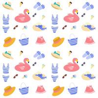 Seamless pattern with summer beach accessories straw hat striped swimsuit and beach bag painted in a flat style. For the design of summer photo albums and souvenirs vector