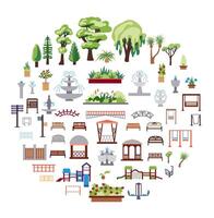 Collection of elements of urban and park infrastructure with icons of lanterns, children's slides and gazebos. Set of flat-style illustrations for the design of maps and drawings of urban life. vector