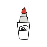 Lipstick icon, female cosmetics doodle, illustration of make-up product, red lip gloss, hand drawn object for fashion and beauty, flat cartoon tube, isolated colored clipart vector