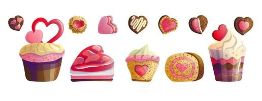 conjunto de dulces con corazones para San Valentín día, Galleta pasteles y pasteles para el febrero 14to día festivo, ilustraciones en un plano dibujos animados estilo. vector