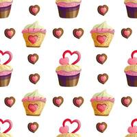 sin costura modelo de galletas con corazones y pasteles, delicioso antecedentes para un festivo ánimo, ilustraciones en un plano dibujos animados estilo para decorando dulce restaurante menús y San Valentín día tarjetas vector