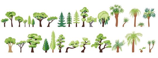 Large set of icons of deciduous coniferous trees palms and dracaena hand-drawn in a flat style and isolated on a white background for the design and decor of maps and park and urban info vector