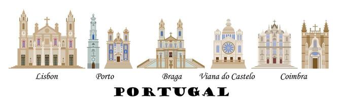 Horizontal panorama of the architectural sights of Portuguese cities. Set of the main churches of the Portuguese cities of Lisbon, Porto, Coimbra and Braga. For the design of souvenirs and banners. vector