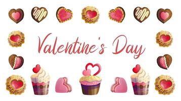 Horizontal composition of cakes and cookies with hearts and the inscription Valentine's Day, a delicious collection for a festive mood, illustrations in a flat cartoon style vector