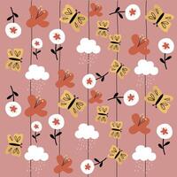 Hand drawn childish abstract flowers and butterfly pattern for fabric, textile, wallpaper vector