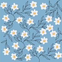 Hand drawn white abstract flowers pattern on blue background for fabric, textile, wallpaper vector