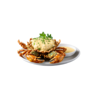 Fried soft shell crab golden brown crust garnished with remoulade sauce captured with a macro png