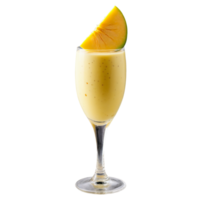 Iced mango lassi in an elegant transparent glass with a mango slice and a straw png