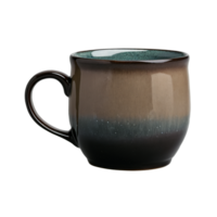 Rustic hand thrown ceramic mug with a crystalline glaze filled with a rich dark mocha png