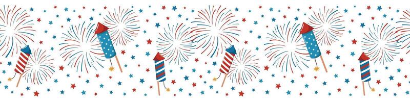 Patriotic Fireworks and Stars Seamless Border Pattern. 4th of July, Independence Day decor. Seamless pattern. Isolated on white background vector