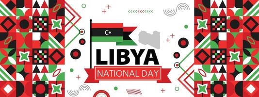Libia nacional día bandera con mapa, bandera colores tema antecedentes y geométrico resumen retro moderno colorido diseño vector