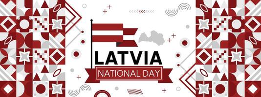 Letonia nacional día bandera con mapa, bandera colores tema antecedentes y geométrico resumen retro moderno colorido diseño vector
