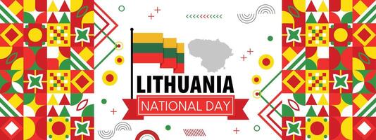 Lithuania national day banner with map, flag colors theme background and geometric abstract retro modern colorfull design vector