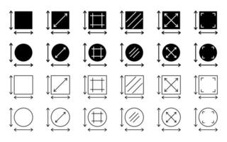 set of area or dimension measurement icons. simple circle and square design isolated on white background. vector