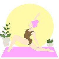 Sportive young woman doing yoga fitness exercises on the mat, near plants. Healthy lifestyle. Collection of female cartoon characters demonstrating various yoga positions isolated on white background vector