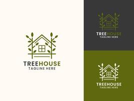 Simple line art minimalist tree house logo design vector