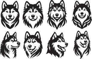 Siberian Husky dog head set silhouette illustration. Popular family dog. vector