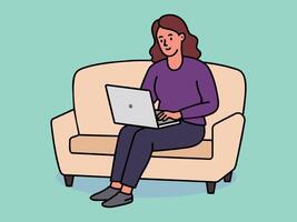 niña con ordenador portátil sentado en el sofá. Lanza libre o estudiando concepto. linda ilustración en plano estilo. vector