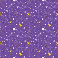 Seamless background with abstract space or sky elements, stars, arrows, dots, hearts. vector