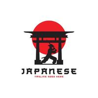 illustration of the silhouette of a samurai holding a katana in front of a torii gate vector