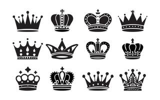 un colección de negro coronas silueta en un blanco fondo.corona íconos colocar., corona símbolo colección con ilustración vector