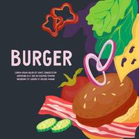bandera o póster modelo con hamburguesa y comida ingredientes. carne y vegetales para hamburguesa preparando en menú cubrir o tarjeta diseño. vector
