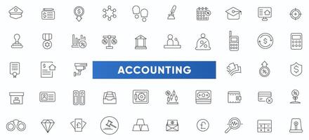 Accounting thin line icons set. Accountant, financial, business firm tax, statement, calculator, and balance sheet icon collection. Containing financial statement, audit, invoice icon pack. vector