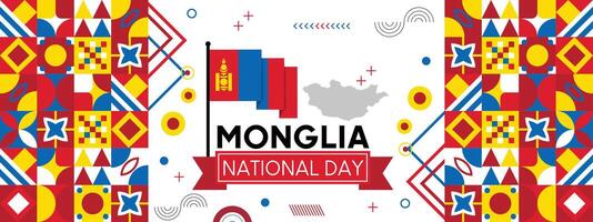 Flag and map of Mongolia. National day or Independence day design for Counrty celebration. Modern retro design with abstract colorful icons. vector