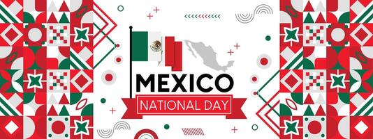 MEXICO national day banner with map, flag colors theme background and geometric abstract retro modern colorfull design vector