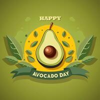 Fresh half cut green avocado with leaves and text. Banner for Avocado Day. Side view clipart isolated on yellow background. Summer food illustration in flat style for design for party vector