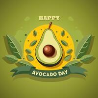 Fresco medio cortar verde aguacate con hojas y texto. bandera para aguacate día. lado ver clipart aislado en amarillo antecedentes. verano comida ilustración en plano estilo para diseño para fiesta vector