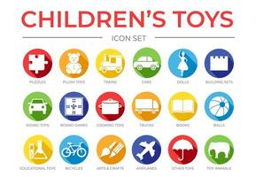 Children's Toys Icon Set with Puzzle, Plush, Train and Car, Board Game, Dolls, Arts and Crafts, Building Sets, Cooking, Ship, Truck, Book, Balls, Educational, Game Colorful Isolated Icons vector