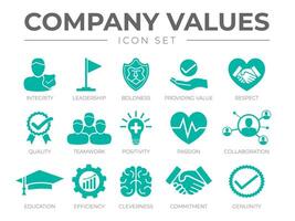 Business Company Values Icon Set. Integrity, Leadership, Boldness, Value, Respect, Quality, Teamwork, Positivity, Passion, Collaboration, Education, Efficiency, Cleverness, Commitment, Genuine Icons. vector