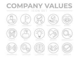 Thin Outline Company Values Round Gray Icon Set. Integrity, Leadership, Quality, Value, Respect, Trust, Positivity, Honesty, Transparency, Efficiency, Cleverness, Commitment, Genuinity Icons. vector