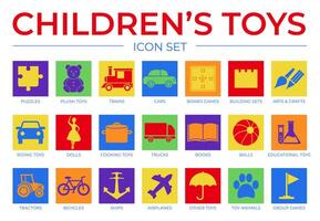 Colorful Children's Toys Icon Set with Puzzle, Book, Balls, Educational, Tractor, Bicycle, Plane, Animals, Other and Group Game Isolated Rectangle Icons vector