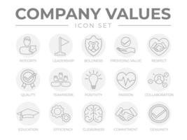 Company Values Round Gray Outline Icon Set. Integrity, Leadership, Boldness, Value, Quality, Teamwork, Positivity, Passion, Collaboration, Education, Efficiency, Cleverness, Commitment, Genuine Icons. vector