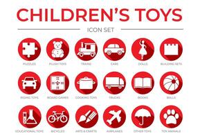 Flat Red Children's Toys Icon Set with Puzzle, Game, Dolls, Building Sets, Cooking, Ship, Truck, Book, Balls, Educational, Tractor, Bicycle, Plane, Animals, Other and Group Game Isolated Icons vector