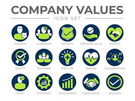 Company Core Values Round Icon Set. Value, Respect, Quality, Teamwork, Positivity, Passion, Collaboration, Trust, Efficiency, Development, Commitment, Genuinity Icons. vector